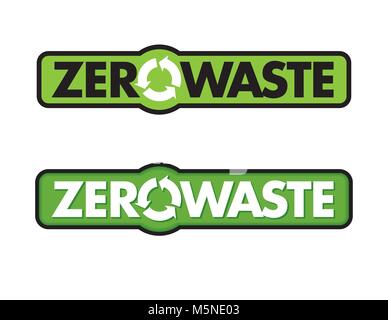 Null Abfall Abzeichen oder Emblem Vektor Design. Satz mit zwei Null Abfall grafik design Elemente mit rotierenden recyceln Pfeile Symbol und das Symbol für den Planeten Erde. Stock Vektor