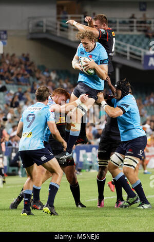 Sydney, Australien. 24 Feb, 2018. Ned Hanigan vom Waratahs schnappt sich den Ball in der LINEOUT während des Super Rugby Runde 2 Übereinstimmung zwischen dem NSW Waratahs und die Südafrikanische Stormers bei Allianz Stadion am 24. Februar 2018 in Sydney, Australien Quelle: United Images/Pacific Press/Alamy leben Nachrichten Stockfoto