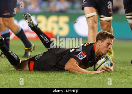 Sydney, Australien. 24 Feb, 2018. SP Marias der Stormers Folien in für einen Versuch während des Super Rugby Runde 2 Übereinstimmung zwischen dem NSW Waratahs und die Südafrikanische Stormers bei Allianz Stadion am 24. Februar 2018 in Sydney, Australien Quelle: United Images/Pacific Press/Alamy leben Nachrichten Stockfoto