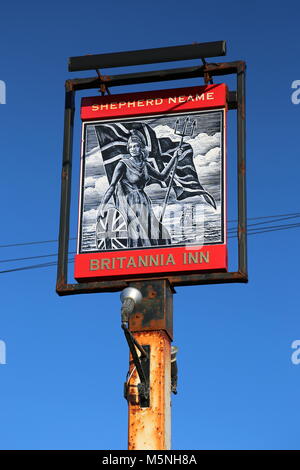 Britannia Inn Pub Schild, Dungeness, Kent, England, Großbritannien, USA, UK, Europa Stockfoto