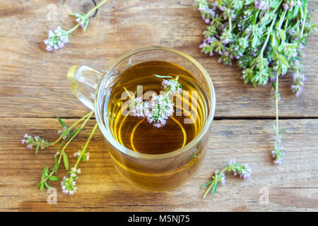 Gesunde Kräuter Tee mit Bündel frischer wilder Thymian auf alten Holz- Hintergrund. Tasse Thymian Tee, Kräutertee trinken. Stockfoto
