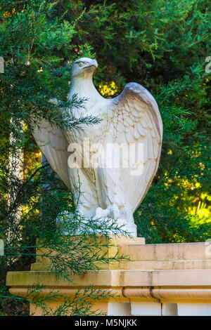 Gypseous Skulptur von Eagle closeup unter den Zweigen der Colletia Bush im Arboretum, Sochi, Russland Stockfoto