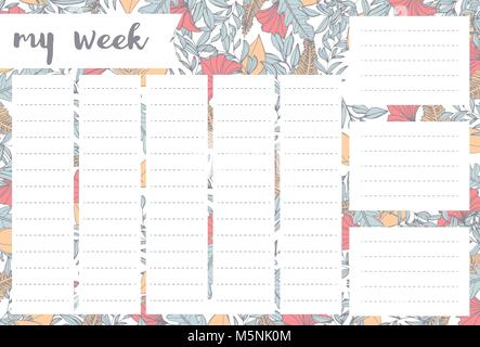 Wöchentlicher Planer mit Blumen, Schreibwaren Veranstalter für tägliche Pläne, floral Vektor weekly planner Template, Zeitpläne Stock Vektor