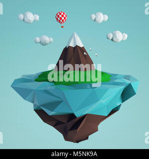 Low Poly fying Insel mit einem Berg und einem Ballon. 3D-Rendering Stockfoto