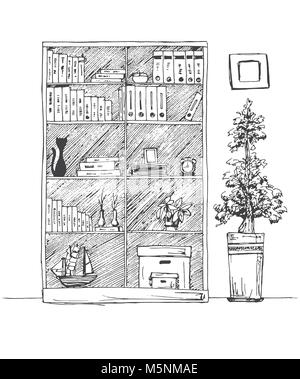 Bücherregal isoliert auf weißem Hintergrund. Vector Illustration einer Skizze Stil Stock Vektor