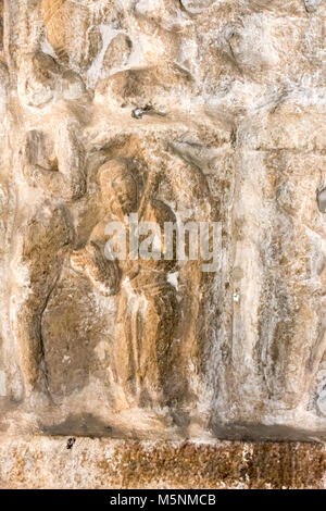 Skulptur von Xuanzang in Indien, in Vaikunta Perumal Temple, Kanchipuram, Indien Stockfoto