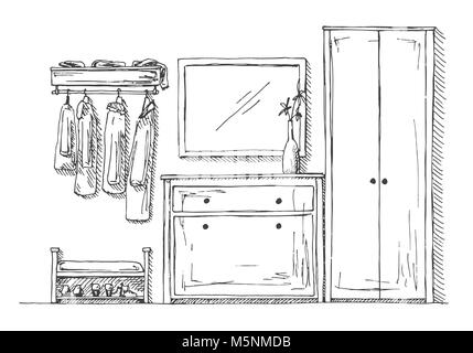 Möbel im Flur. Kommode, Kleiderschrank, Kleiderbügel, Spiegel und Dekoration. Vector Illustration in Skizze Stil. Stock Vektor