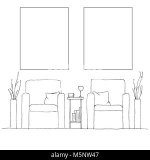 Zwei Sessel und einen hohen Tisch. Vase mit Blumen auf dem Tisch. Rahmen auf der Wand zu Ihrer Information. Hand gezeichnet. Vektor illustrati Stock Vektor