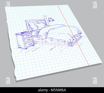 Hand gezeichnete Skizze der Innenraum auf einem Notebook. Skizze Linie Schlafzimmer. Vector Illustration Stock Vektor