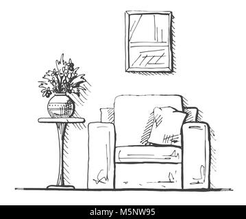 Sessel und einen hohen Tisch. Vase mit Blumen auf dem Tisch. Hand gezeichnet. Vector Illustration in Skizze Stil Stock Vektor