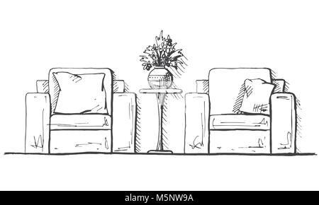 Zwei Sessel und einen hohen Tisch. Vase mit Blumen auf dem Tisch. Hand gezeichnet. Vector Illustration in Skizze Stil Stock Vektor