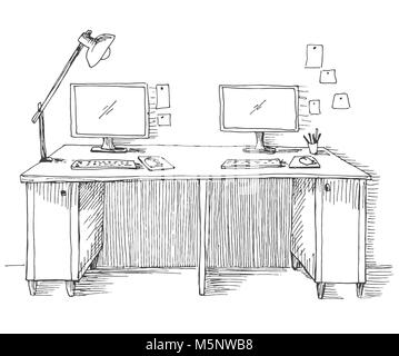 Die Zimmer Skizze. Schreibtisch, verschiedene Objekte auf dem Tisch. Sketch Arbeitsbereich. Vector Illustration Stock Vektor