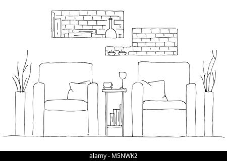 Zwei Sessel und einen hohen Tisch. Vase mit Blumen auf dem Tisch. Hand gezeichnet. Vector Illustration in Skizze Stil Stock Vektor