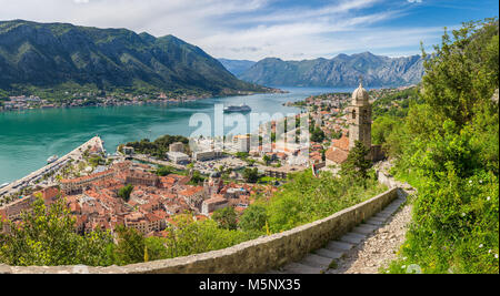 Panorama Aussicht auf die Altstadt von Kotor an der berühmten Bucht von Kotor an einem sonnigen Tag im Sommer, Montenegro, Balkan, Südeuropa Stockfoto