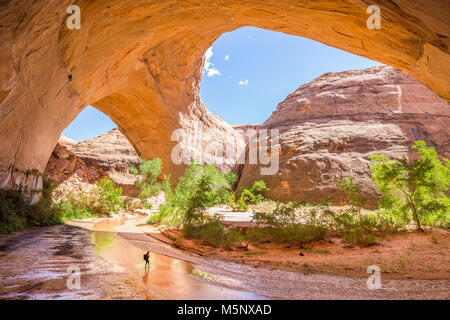 Weitwinkelansicht ein Wanderer mit Rucksack unter atemberaubende Jacob Hamblin Arch im Coyote Gulch, Grand Staircase - Escalante National Monument, Utah, USA Stockfoto