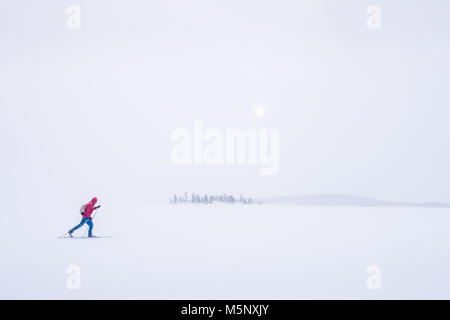 Man Langlaufen durch einen Schneesturm in der schönen Winterlandschaft Landschaft im Winter in Skandinavien, Nordeuropa Stockfoto