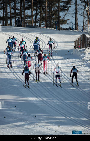 Pyeongchang, Südkorea. 25 Feb, 2018. Olympischen Athleten konkurrieren in den Damen Langlauf Massenstart 30 k an der PyeongChang 2018 Winter-olympischen Spiele bei Alpensia Langlauf Zentrum am Sonntag, den 25. Februar 2018. Credit: Paul Kitagaki jr./ZUMA Draht/Alamy leben Nachrichten Stockfoto