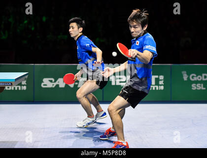 London, Großbritannien. 25. Februar, 2018. Koki Niwa und Jin Ueda von Japan während der International Table Tennis Federation Team Wm Finale zwischen Xu Xin und Ma lange Chinas gegen Koki Niwa und Jin Ueda von Japan bei Kupfer, Arena am Sonntag, den 25. Februar 2018. LONDON ENGLAND. Credit: Taka G Wu Stockfoto