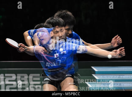 London, Großbritannien. 25 Feb, 2018. Tomokazu Harimoto von Japan während der International Table Tennis Federation Team Wm Finale zwischen Lüfter Zhengdon von China bei Kupfer, Arena am Sonntag, den 25. Februar 2018. LONDON ENGLAND. Credit: Taka G Wu Credit: Taka Wu/Alamy leben Nachrichten Stockfoto