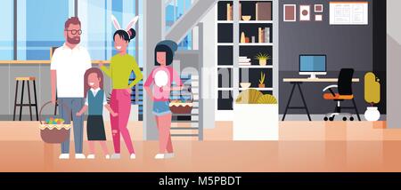 Große Familie auf Frohe Ostern Eltern und Kinder feiern Frühling Urlaub tragen Häschenohren und Halten Körbe über Wohnzimmer Innenraum Stock Vektor