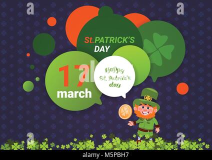 St. Patricks Day Karte Hintergrund mit Kobold Mann mit goldenen Münze Stock Vektor
