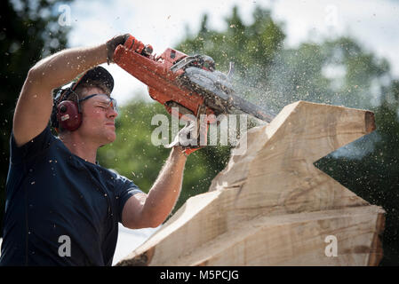 Die Niederlande Lage Vuursche. 19-08-2017. Niederländische Meisterschaft Kettensäge Bildhauerei. Stockfoto