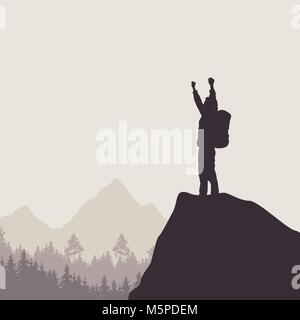 Ein Tourist mit einem Rucksack auf einem Felsen in der Erfolg Freude Stock Vektor