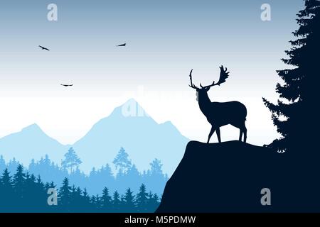 Hirsch mit Hirsche stehen an der Spitze der Rock mit Berge und Wald im Hintergrund, unter freiem Himmel mit fliegenden Vögel Stock Vektor