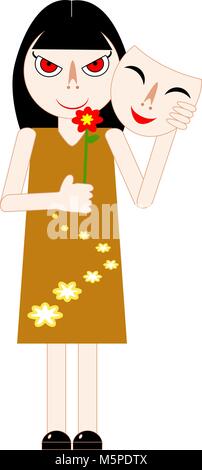 Frau verstecken Sie Ihre wahre Gefühl hinter einer Maske und mit roten Blüte. Vector Illustration. Stock Vektor