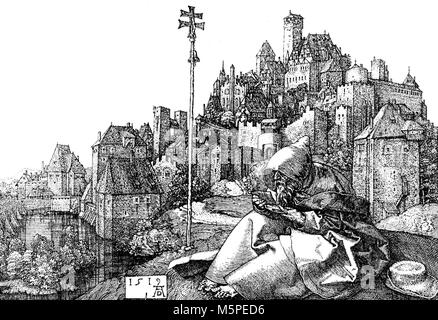 St. Antonius der Einsiedler, im Hintergrund einer mittelalterlichen deutschen Stadt Landschaft. Wiedergabe von einem Stich von Albrecht Dürer, Jahr 1519 Stockfoto