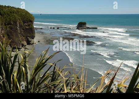 Native Bush Frames ein Strand bei Ebbe auf dem West Coast Beach, South Island, Neuseeland Stockfoto