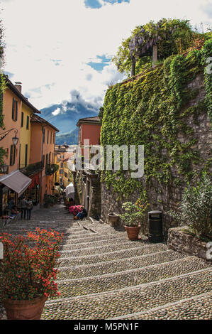 Blick auf die Gasse in Hanglage, Gebäude und Wand mit bindweed in Bellagio, ein charmantes Dorf zwischen dem See und den Bergen der Alpen. Stockfoto