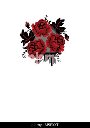 Vintage Ukrainische Rote und schwarze Rosen im Kreis. Karte und Drucken proposicion. Moderne interpritation der alten traditionellen Ornamenten. Vector Illustration. Stock Vektor