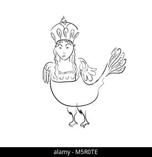 Mythologische sirin Vogel halb Frau, halb Vogel in schwarz auf weißem Hintergrund Kontur Stock Vektor
