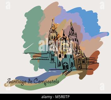 Santiago de Compostela in einem bunten Hintergrund Stock Vektor