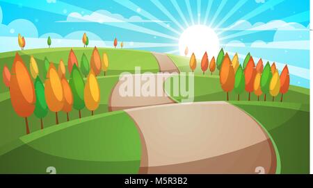 Cartoon wald landschaft. Straße Abbildung. Stock Vektor