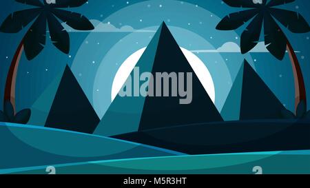 Cartoon Ägypten Landschaft. Pyramide, Sonne, Palm Abbildung. Stock Vektor