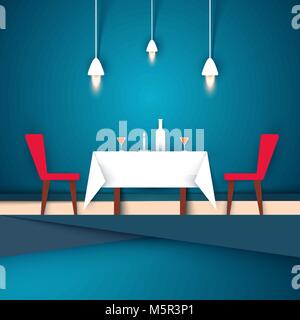 Restaurant - Papier Abbildung. Wineglass, Stuhl, Tisch, Kerze, Flasche Symbol. Stock Vektor