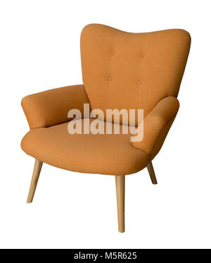 Antike Möbel: Französische orange wingback Sessel mit hölzernen Beinen auf weißem Hintergrund einschließlich freistellungspfad isoliert Stockfoto