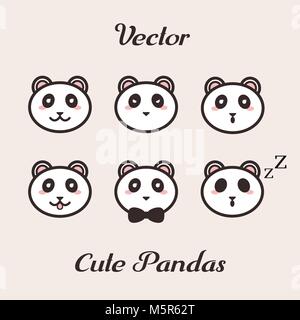 Vektor niedliche Pandas mit unterschiedlichen Emotionen. Wütend, fröhlich, Schlafen, überrascht und mit der Zunge. Stock Vektor