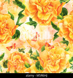 Eine nahtlose Muster mit einem Aquarell Zeichnung eines blühenden gelbe Rose mit grünen Zweige und Blätter, mit einem Schmetterling, und spritzt von Farbe, Hand Stockfoto