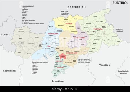 Administrative und politische Karte von der italienischen Provinz Südtirol in deutscher Sprache Stock Vektor