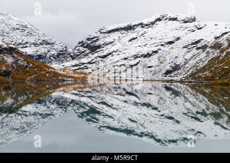 Eisige Spiegelungen auf See Bovertunvatnet, Nationalparks Jotunheimen, Norwegen. Stockfoto