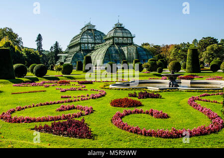 Das Palmenhaus in Schönbrunn Gardens ist einer der letzten seiner Art; ein Riese aus Stahl und Glas über 110 m lang. Stockfoto