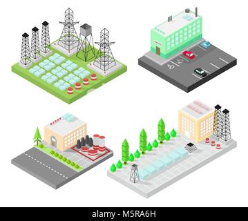 Satz von verschiedenen isometrischen Gebäude. Electric power station mit Strommasten und Batterien. Straße, grüne Büsche vor dem Haus. Vektor illustrati Stock Vektor