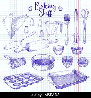 Geschirr zum Backen. Backen Material Vector Illustration in Skizze Stil. Stock Vektor