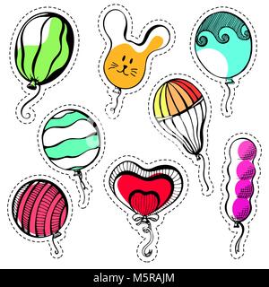 Satz Aufkleber. Kugeln in verschiedenen Formen und Farben. Hand gezeichnet, auf einem weißen Hintergrund. Vector Illustration. Stock Vektor