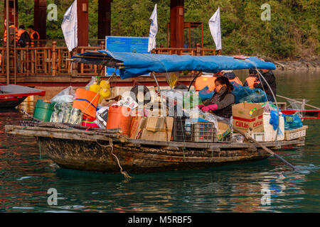 Eine Frau in einem Boot voller Haushaltsgegenstände und Essen macht Tür-zu-Tür stoppt an der Häuser an der Cua Van schwimmenden Dorf, Halong Bay, Vietnam Stockfoto