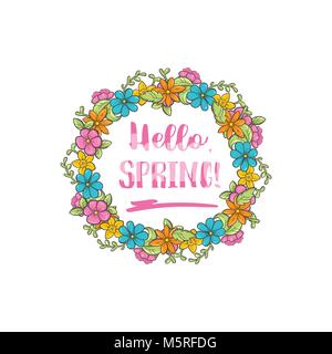 Hallo Frühling Kreis Blume Rahmen. Frühling Grusskarten. Stock Vektor