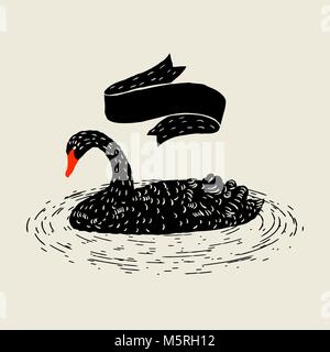 Hintergrund mit schwebenden schwarzen Schwan. Hand Vogel gezeichnet Stock Vektor